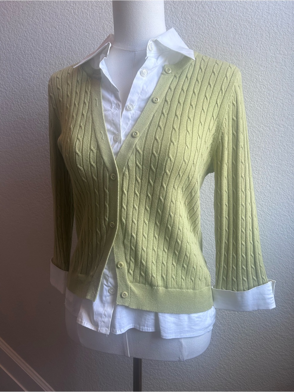 august silk Light Green Cable-Knit V-Neck Cardigan with built in layered shirt